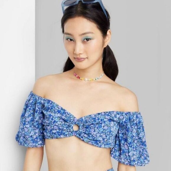 Wild Fable Blue Floral Puff Sleeve Crop Top With Lattice Back NWT Large or XL - Picture 1 of 12